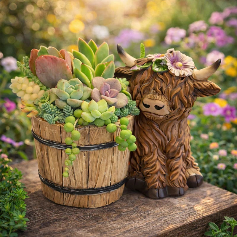 🐮Adorable Ceramic Highland Cow with Wooden Barrel Planter for Succulents🪴