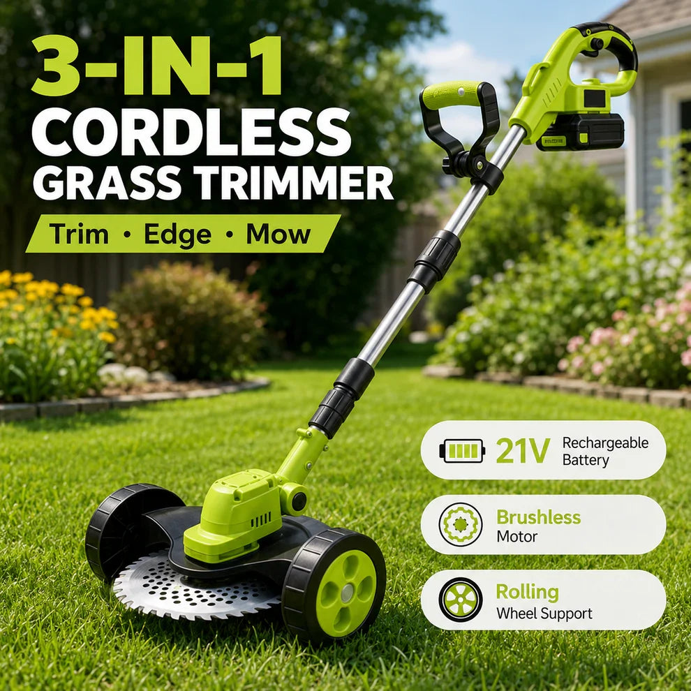 3-in-1 Cordless Lawn Mower with 2×21V Batteries, German Quality Lightweight Grass Trimmer & Edger for Small to Medium Gardens