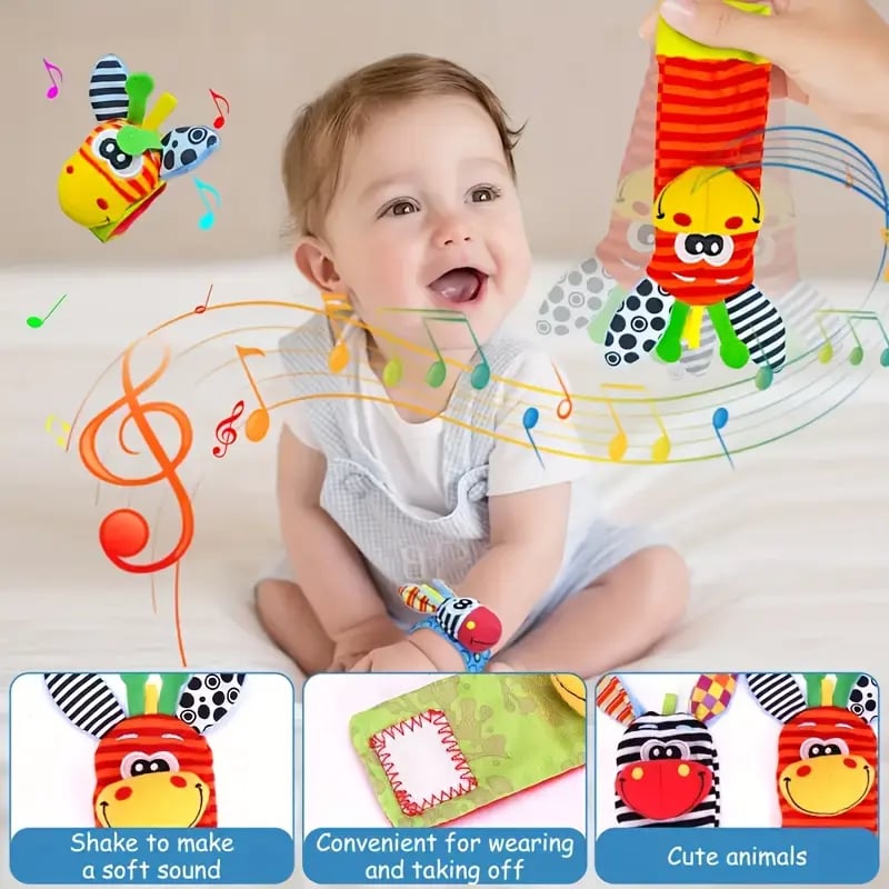 🔥Last Day 56% OFF - 👶🌈A set Newborn Baby Cartoon Animal Wrist Bell Rattle Socks