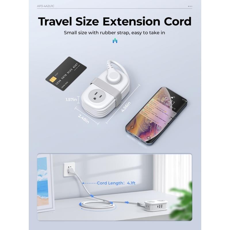 🔌7 in 1 Travel Power Strip, 4 Outlets 2 USB Ports