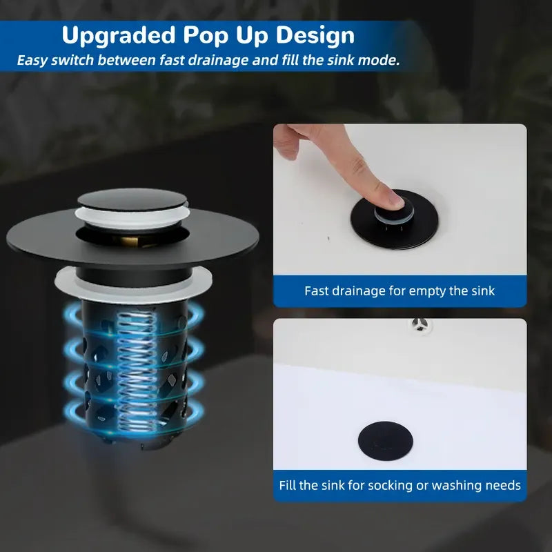 ✨ Upgraded 3-in-1 Pop Up Universal Bathroom Sink Drain Stopper - drain stopper + hair catcher + anti-clog filter