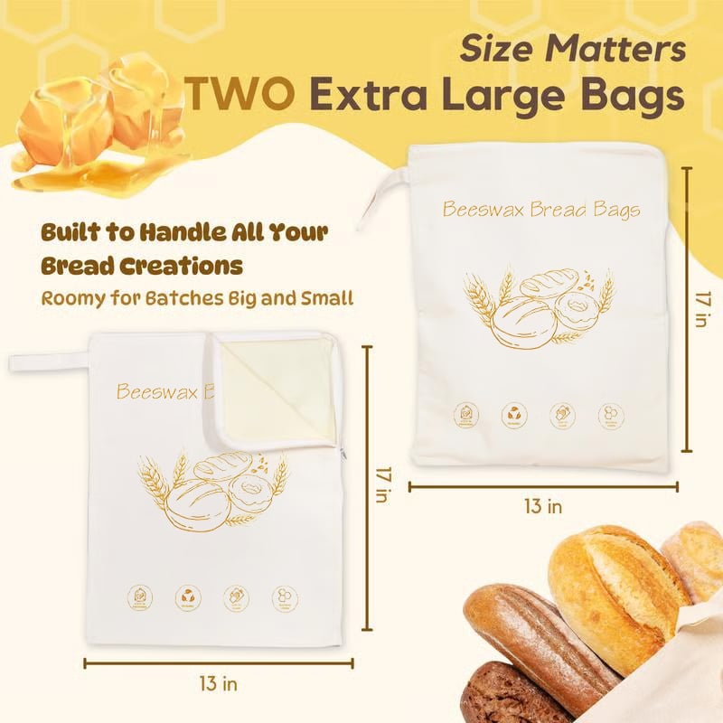 🍞Wide Zipper Access Cotton & Beeswax Bread Bags for Sourdough✨