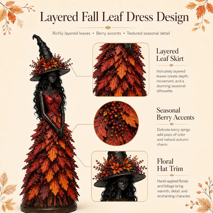 🧙 Enchanted Autumn Witch Figurine – Halloween Leaf Dress Tabletop Ornament for Mantel, Shelf & Cosy Seasonal Decor